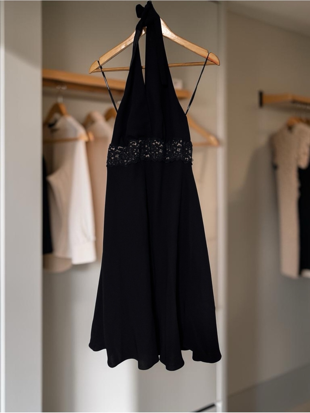 Jones Wear Black One-Shoulder Halter Dress with Lace Waist
